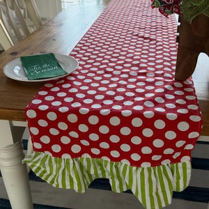 Red Polka Dot Table Runner with Green Ruffle Edge – Farmhouse Holiday Decor image 10