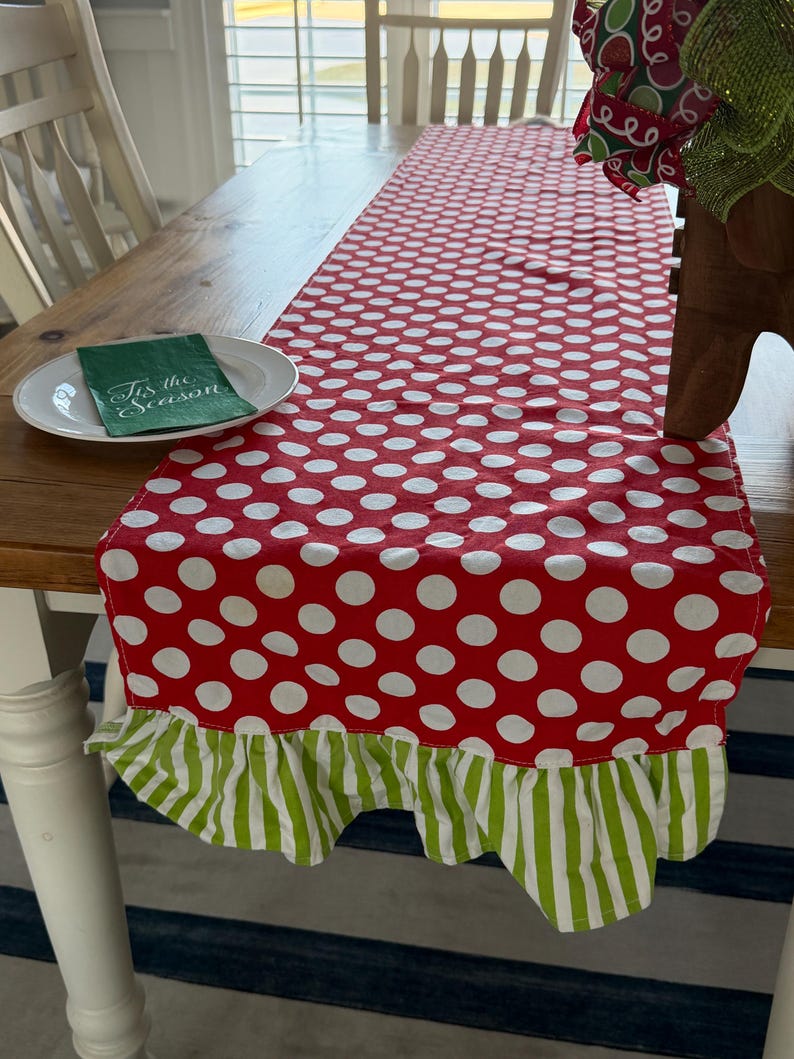 Red Polka Dot Table Runner with Green Ruffle Edge – Farmhouse Holiday Decor image 10