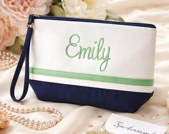 Custom Cosmetic Bag, Navy And Green Canvas with Embroidered Name, Wristlet Strap