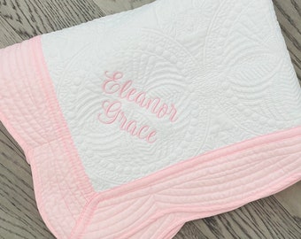 Heirloon Baby Quilt Personalized Baby Girl Shower Gifts Pink and White Embroidered Baby Blanket Preppy Monogram Baby Gifts