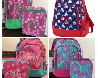 Personalized Kids Backpack and Lunch Box Set for Back to School - Boys Sailboat and Swirly Design Girls School Bag - Monogrammed Toddler