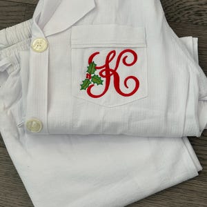 Embroidered Christmas Pajamas: White Seersucker PJs with Gold Star