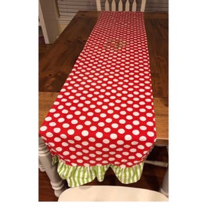 Red Polka Dot Table Runner with Green Ruffle Edge – Farmhouse Holiday Decor image 9