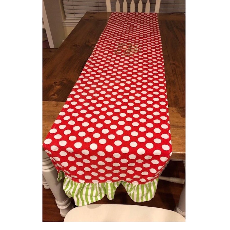 Red Polka Dot Table Runner with Green Ruffle Edge – Farmhouse Holiday Decor image 9