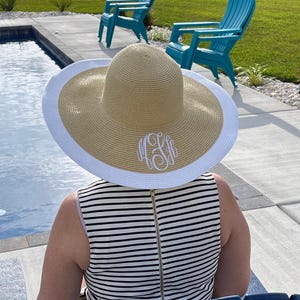 Monogrammed Beach Sun Hat Perosnalized Custom Name Women Summer Vacation Wide Brim Floppy Coastal Wedding Bridesmaid Gift 5 " brim hat white