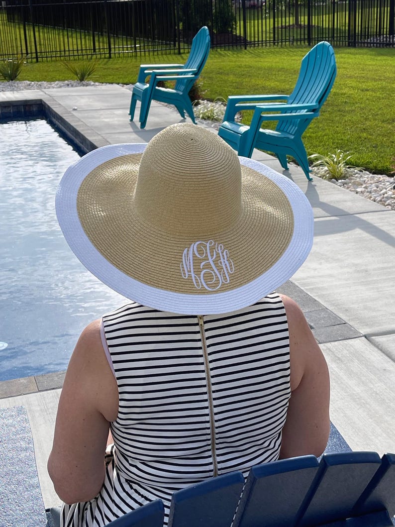 Monogrammed Beach Sun Hat Perosnalized Custom Name Women Summer Vacation Wide Brim Floppy Coastal Wedding Bridesmaid Gift 5 " brim hat white