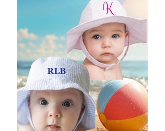 Personalized Seersucker Sun Hat: Monogrammed Beach Hat for Kids
