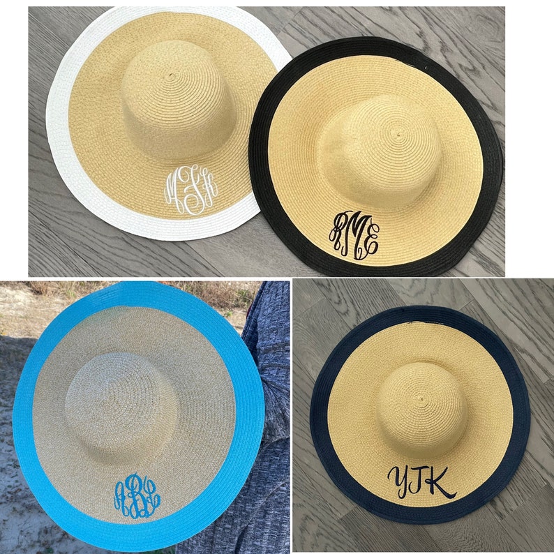 Monogrammed Beach Sun Hat Perosnalized Custom Name Women Summer Vacation Wide Brim Floppy Coastal Wedding Bridesmaid Gift 5 inch brim turquios