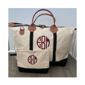 Classic Monogrammed Tote Duffle with Initials, Extra Large  Shoulder Strap Leather Handles Gift for Her