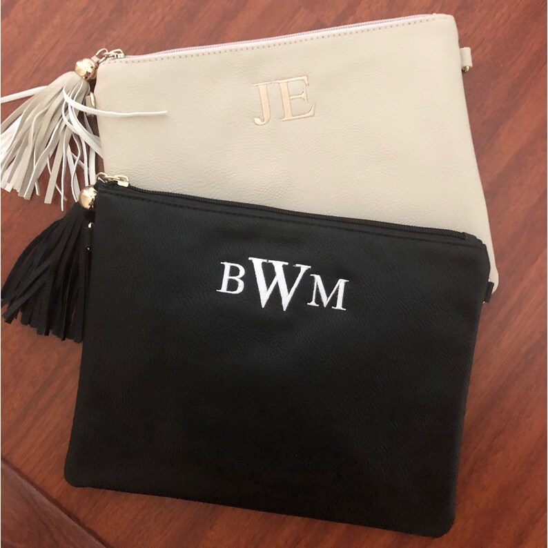 Personalized Cream Vegan Leather Crossbody Purse with Tassel Zipper Pull and Gold Chain Monogrammed Bridesmaid Gift Custom Embroidered image 9