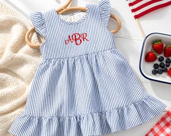 July 4th Girls  Monogrammed  Seersucker Dress Size 6  Light Blue Beach Flower Girl, Preppy Whimsey Clothing, Birthday