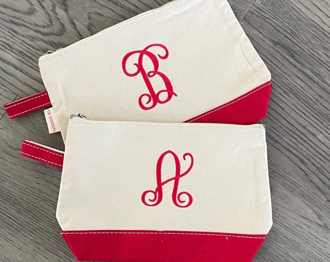 Personalized Monogrammed Canvas Makeup Bag - Custom Embroidered Travel Toiletry Bag with Zipper Pull, Gift for Her, Bridesmaid Gift