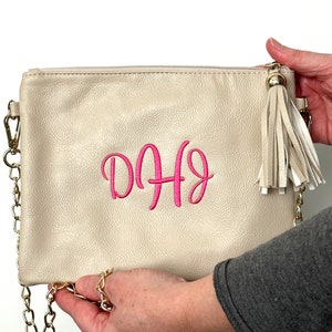 Personalized Cream Vegan Leather Crossbody Purse with Tassel Zipper Pull and Gold Chain Monogrammed Bridesmaid Gift Custom Embroidered image 4