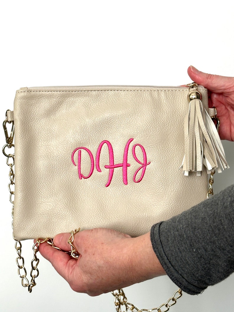 Personalized Cream Vegan Leather Crossbody Purse with Tassel Zipper Pull and Gold Chain Monogrammed Bridesmaid Gift Custom Embroidered image 4
