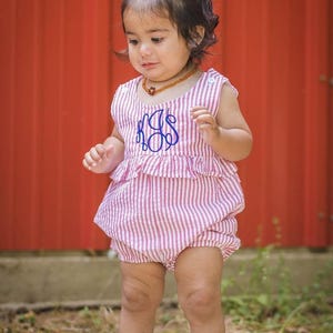 Pink Seersucker Ruffle Sunsuit Bubble Romper Personalized with Name