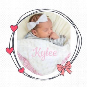 Personalized Minky Baby Blanket, Pink Ruffle Trim, Embroidered Name (30x30 inches) image 4