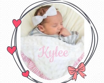Custom Name Baby Blanket with Ruffle Trim, Monogrammed Minky Dot