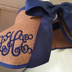 Embroidered Visor Straw Hat With Ribbon Bow Packable Beach Sun Hat ...