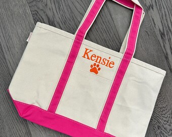 Custom Pet Name Tote Monogrammed Bag, Embroidered with Paw Print Design