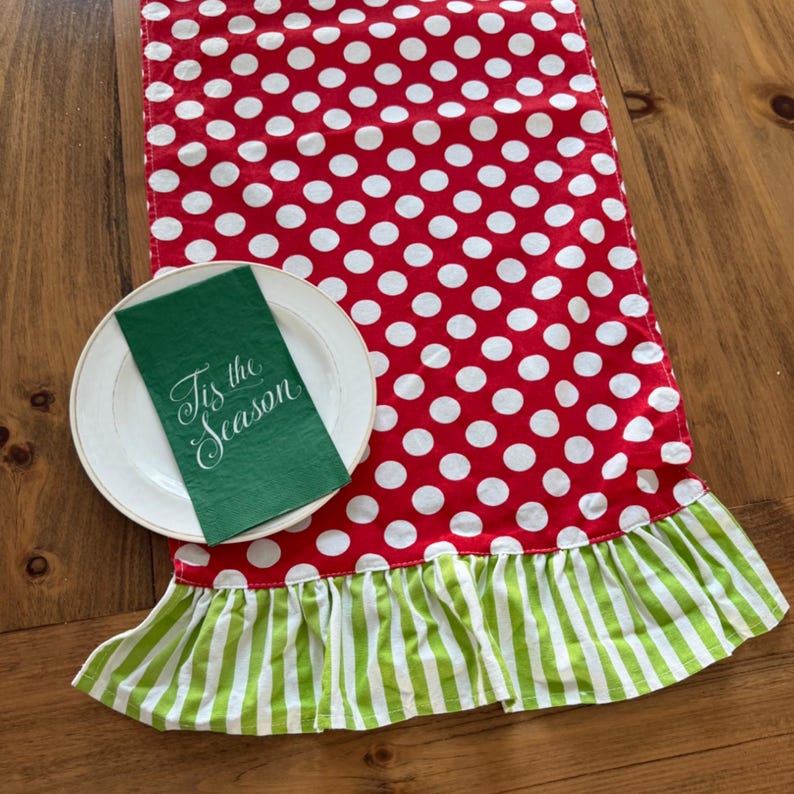 Red Polka Dot Table Runner with Green Ruffle Edge – Farmhouse Holiday Decor image 3