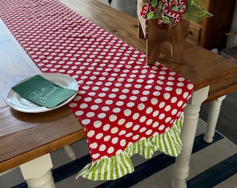 Red Polka Dot Table Runner with Green Ruffle Edge, 88" x 16" Cotton Sash