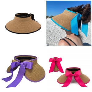 Custom Visor Embroidered Beach Hat  - Monogram Packable  Sun Hat - Rollable Beach Sun Hat with Bows for Women and Kids