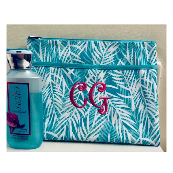 Large  Vinyl Beach Bag  Wristlet - Makeup Bag - Monogram Zipper Pouch for Travel and Everyday Use Make Up Bags