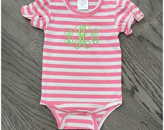 Pink Stripe Baby Bubble Romper, Monogrammed Cotton Short Sleeve, Easter Outfit