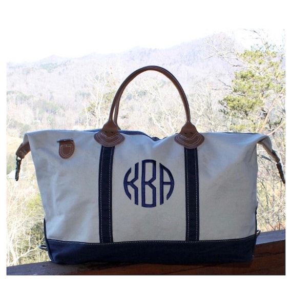 Monogrammed Canvas Tote Extra Large Preppy Causal Womens Travel Shoulder Strap Leather Accents