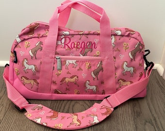 Girls  Pink Duffle Bag Personalized BROWN Horse Overnight Bags Monogram Personalized Luggage Birthday Gift for Kids Horses