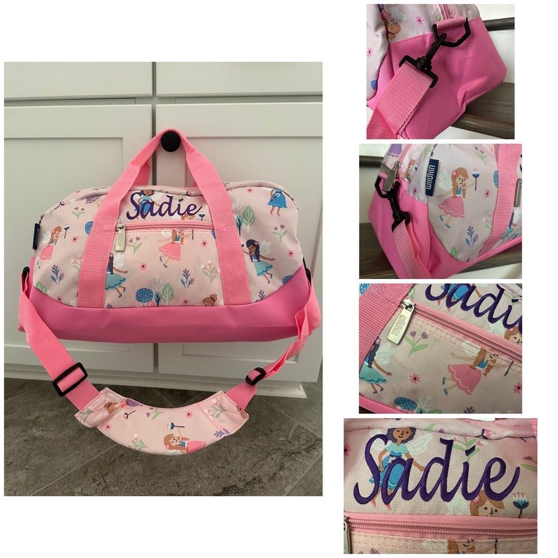 Pink Duffle Bag Personalized Kids Tote Bag Embroidered Overnight Bags with Name Birthday Gifts Garden Princess Birthday Toddler Gifts image 6