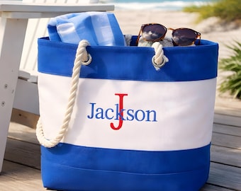 Large Beach Bag in Blue Stripe Canvas with Custom Name Embroidery Sorority Gifts