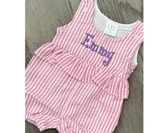 Kids Summer Outfits Girls Ruffle Romper Personalized Seersucker Romper Monogram Summer Romper Toddler Bubble Gift for Baby Girl Baby Sunsuit