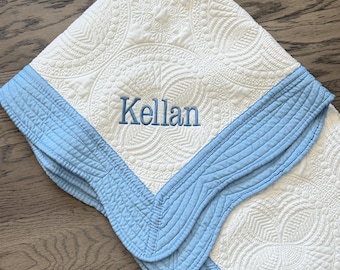 Monogram Baby Boy Quilt, Heirloom Keepsake Gift Soft Cotton Blue and White for Newborn Nursery Decor