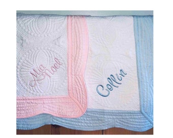 Monogram Baby Quilt Embroidered with Name Monogram Baby Shower Gifts Girls Pink or Boys Blue Quilts