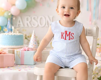 Boys Personalized Seersucker Jon Jon Romper Custom Baby Outfits