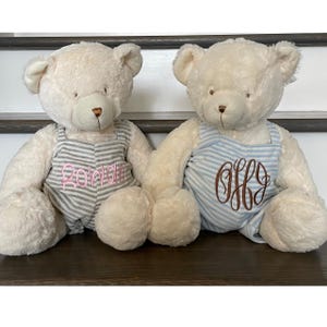 Personalized Stuffed Plushie Bear Kids and Baby Teddy Bear Gifts Pink Blue or Gray Monogram Bears with Overalls