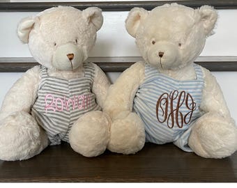 Personalized Stuffed Plushie Bear Kids and Baby Teddy Bear Gifts Pink Blue or Gray Monogram Bears with Overalls