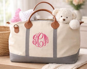 Monogrammed Overnight Hospital Bag XL Canvas Tote Bag Mom and Baby Initials