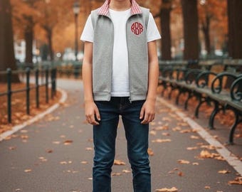 Boys School Top Monogrammed Vest Personalized Kids Clothing with Red Gingham Collar