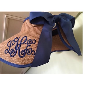 Monogram Embroidered Sun Visor: Rollable Packable Coastal Beach Hat with Bows Black, Pink, Navy Blue