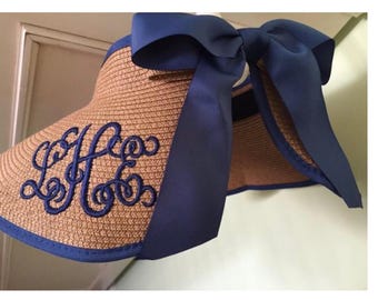 Monogram Embroidered Sun Visor: Adult and Girls Size Packabe Beach Hat with Ribbon Bows