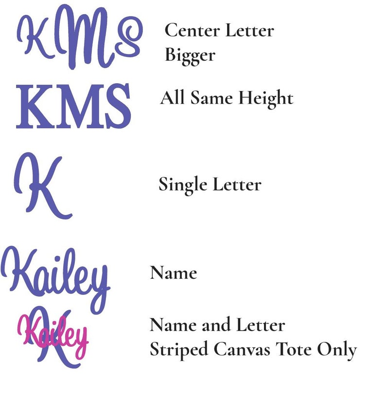 different monogram and name options for a tote bag