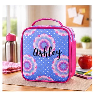Bolsa de almuerzo floral personalizada para niños, lonchera con nombre bordado imagen 1