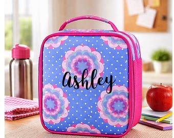 Personalized Insulated Lunch Bag for Kids, Floral Design with Embroidered Name