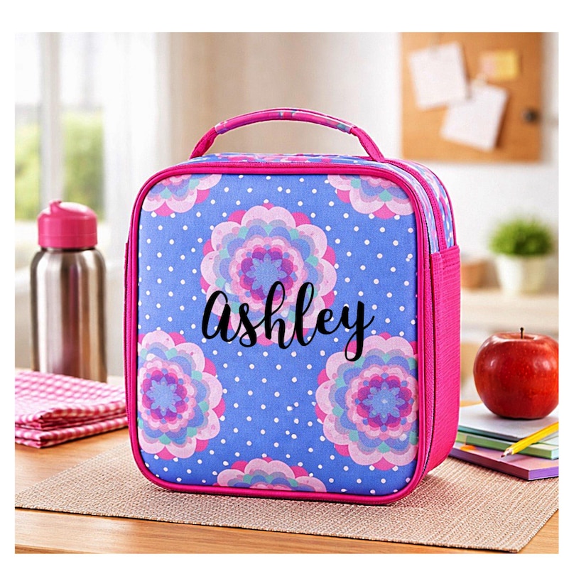 Bolsa de almuerzo floral personalizada para niños, lonchera con nombre bordado imagen 1