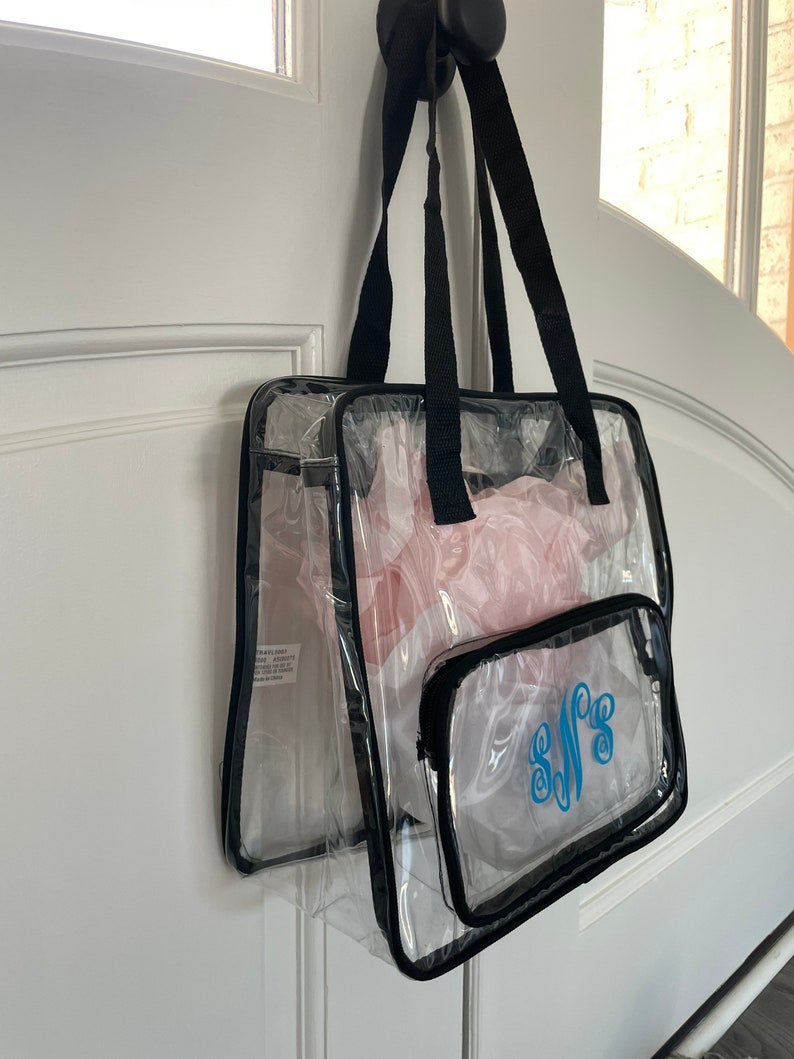 clear travel bag with pockets and monogram
