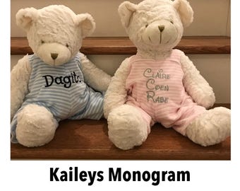 Custom Monogram Teddy Bears Stuffed Animals Embroidered Personalized Name Gifts Pink Blue or Gray