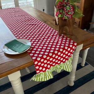 Red Polka Dot Table Runner with Green Ruffle Edge – Farmhouse Holiday Decor image 1