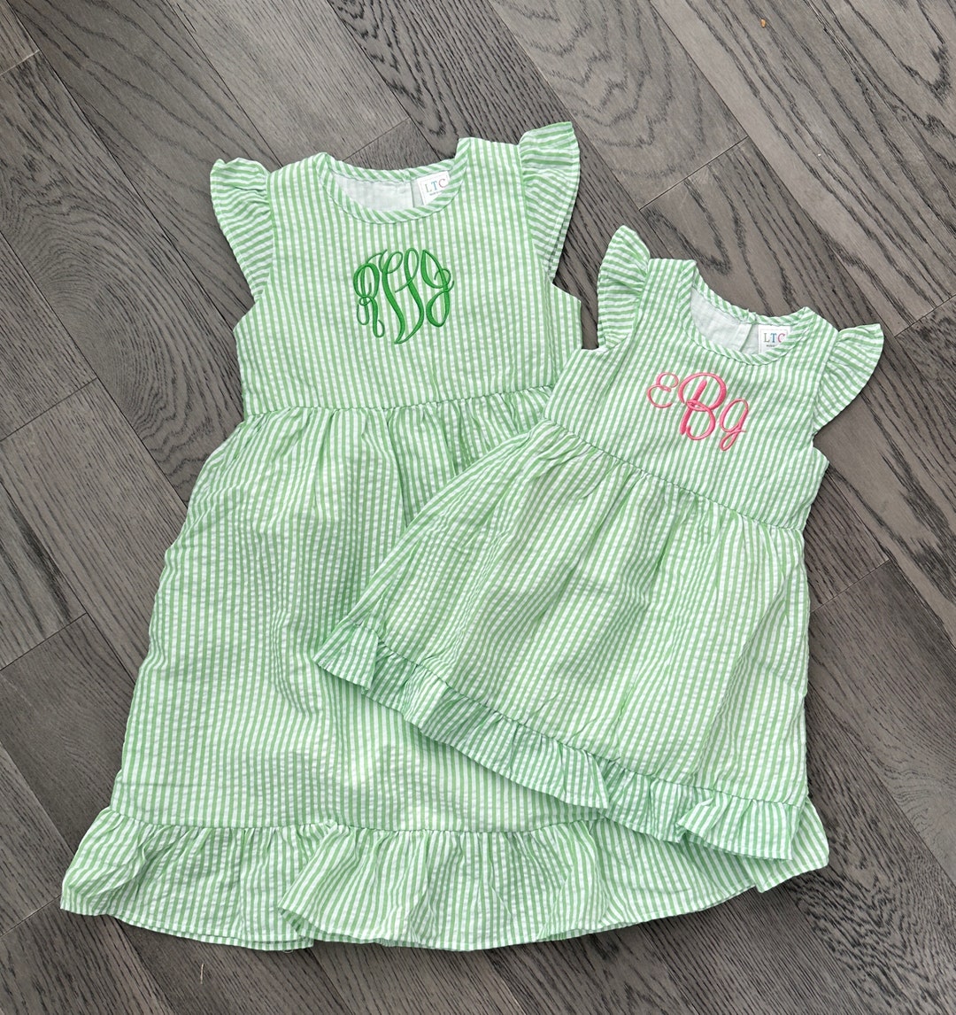 Claire & Charlie Girls Green Stripe Seersucker Sun Dress - Golf Cart main image 1